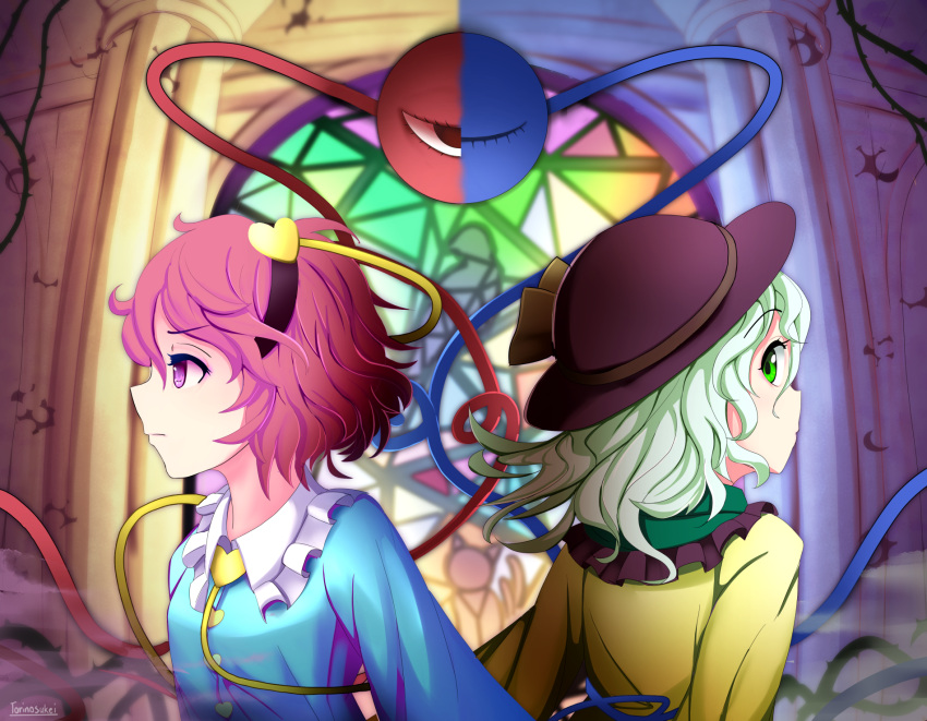 2girls, aqua_hair, artist_name, back-to-back, black_headwear, blue_shirt, commentary, expressionless