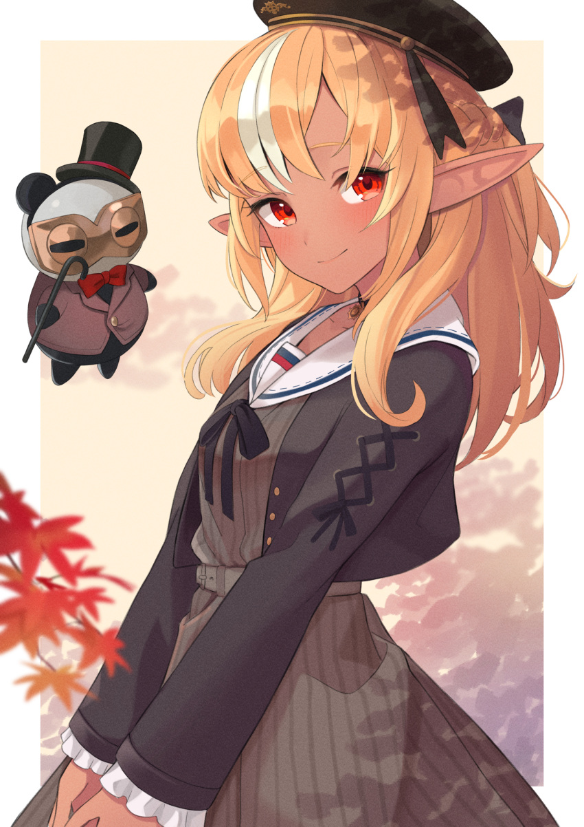1girl, autumn_leaves, bangs, black_choker, black_headwear, black_jacket, blonde_hair, blush