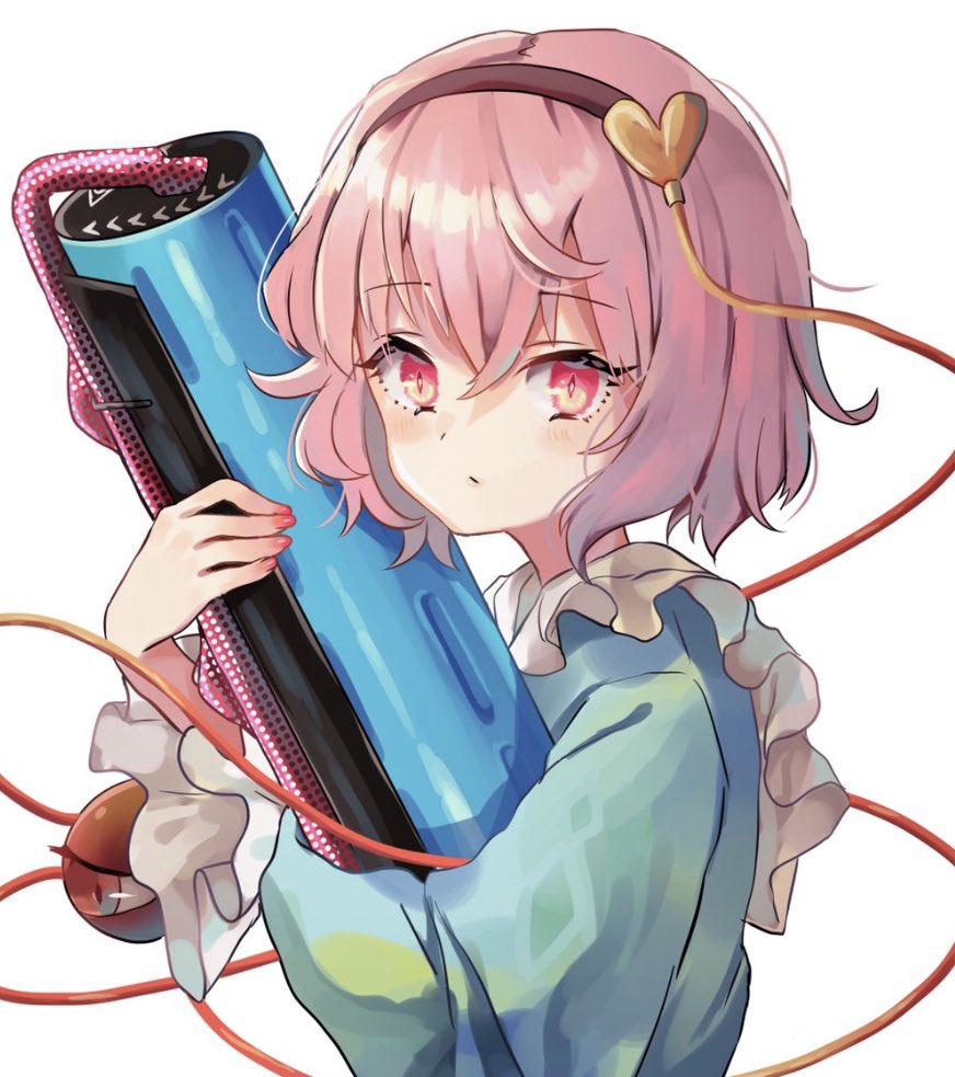 1girl, blouse, blue_blouse, blush, carbon_roller_(splatoon), closed_mouth, commentary, eyeball
