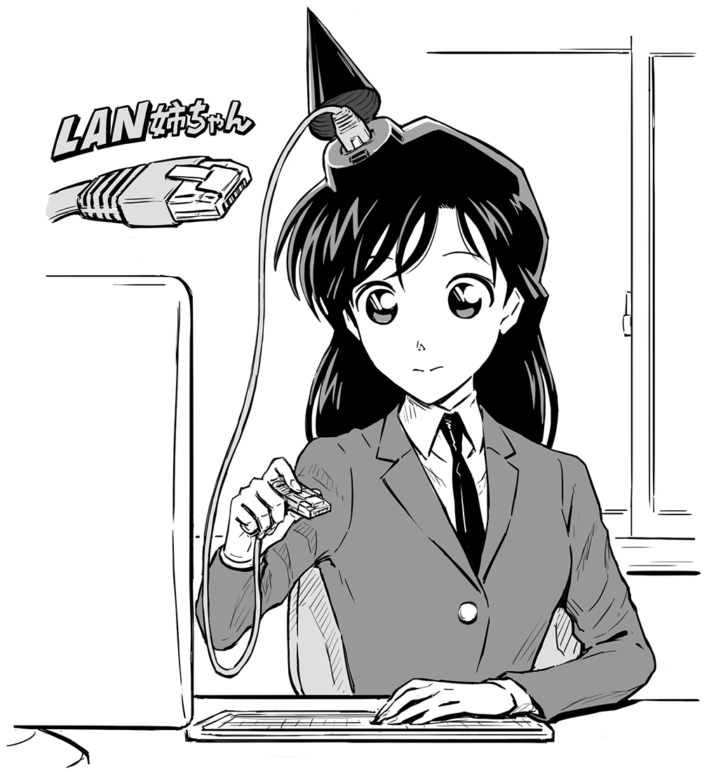 1girl, closed_mouth, collared_shirt, ethernet_cable, greyscale, jacket, keyboard_(computer), long_hair, long_sleeves, meitantei_conan, monitor, monochrome, mouri_ran, namesake, necktie, parody, pointy_hair, pun, sakkan, shirt, solo, wing_collar