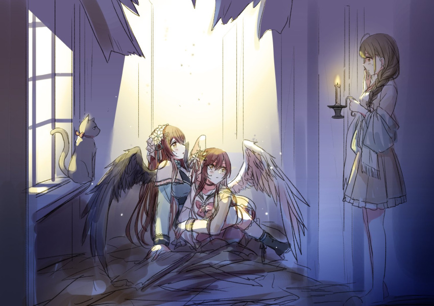3girls, all_fours, angel, angel_wings, arm_support, black_cat, black_vs_white, black_wings, blush, boots, bow, candle, cat, commentary_request, crash_landing, feathered_wings, flower, frilled_skirt, frills, hair_flower, hair_ornament, holding_candle, idolmaster, idolmaster_shiny_colors, kneehighs, kuwayama_chiyuki, looking_at_another, multiple_girls, oosaki_amana, oosaki_tenka, profile, romi_(346_ura), shawl, siblings, sisters, sitting, sketch, skirt, standing, sweatdrop, twins, white_wings, window, wings