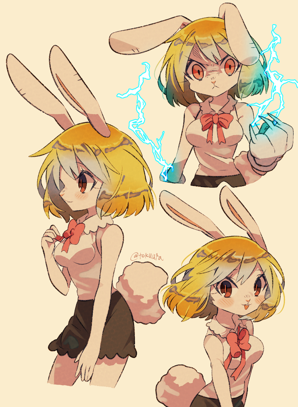 1girl, angry, animal_ears, black_skirt, blonde_hair, blush, bow, breasts