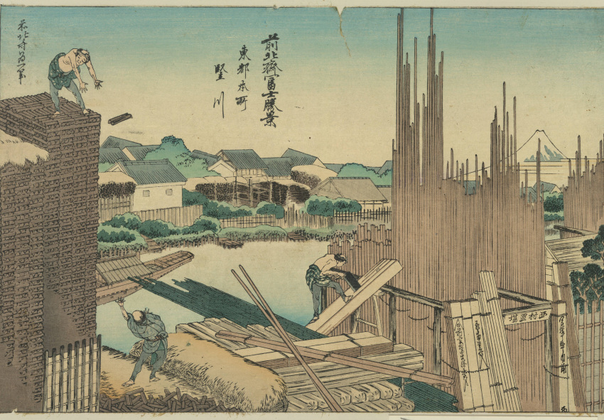 3boys, absurdres, black_hair, board, boat, fujiyama, highres, katsushika_hokusai_(1760), multiple_boys, original, pond, public_domain, saw, tools, watercraft, wood