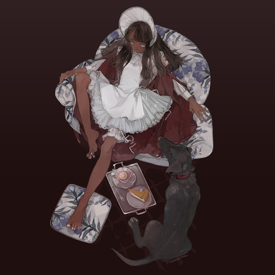1girl, apron, bangs, bare_legs, barefoot, black_background, black_dog, black_hair