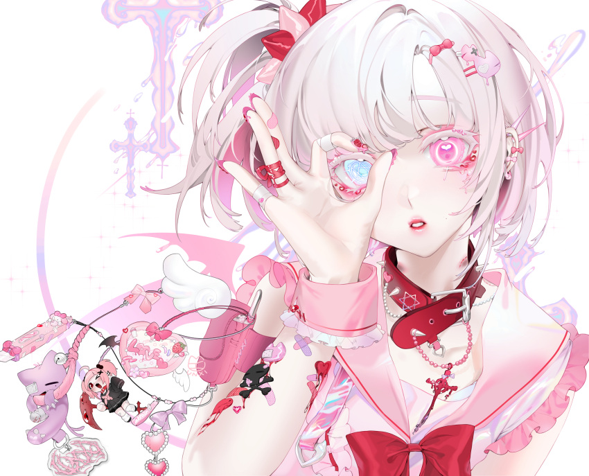 1girl, altair_(unxi), angel_wings, armband, artist_name, bandaged_fingers, bandages, bandaid