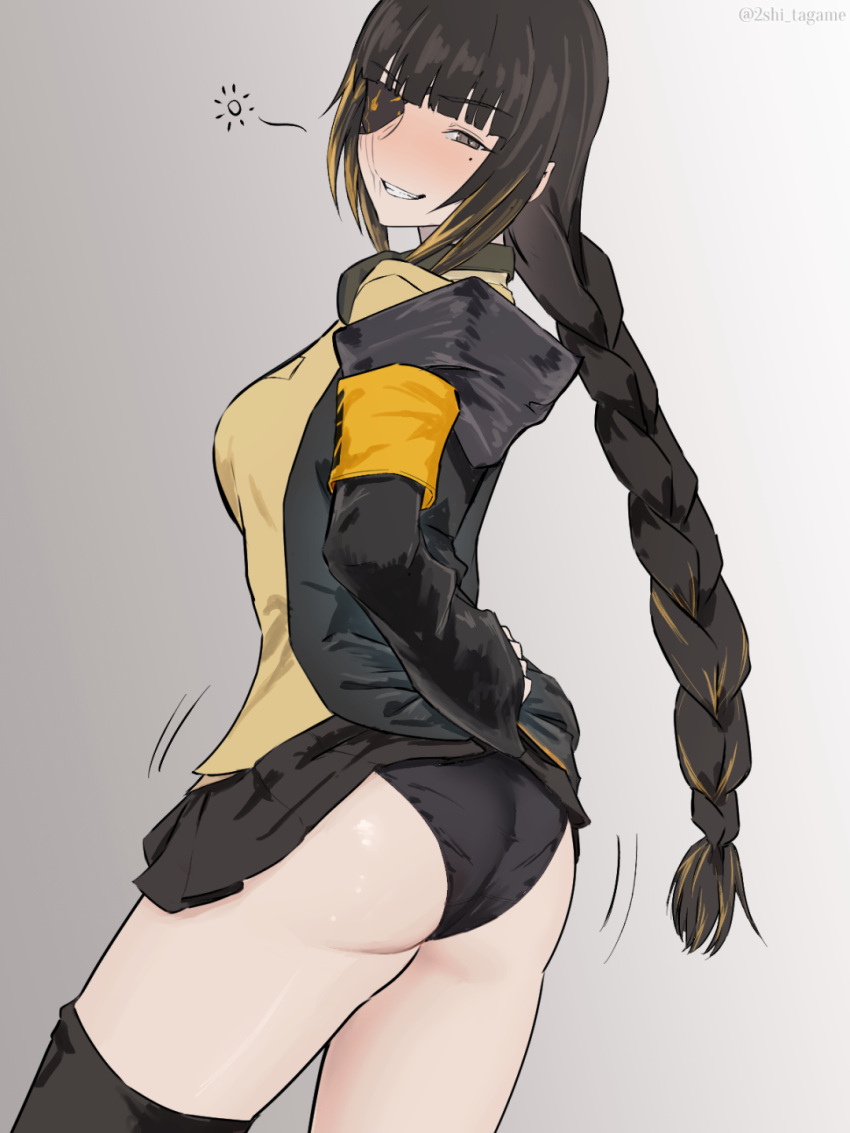 bangs, blunt_bangs, blush, braid, braided_ponytail, breasts, brown_hair, eyepatch
