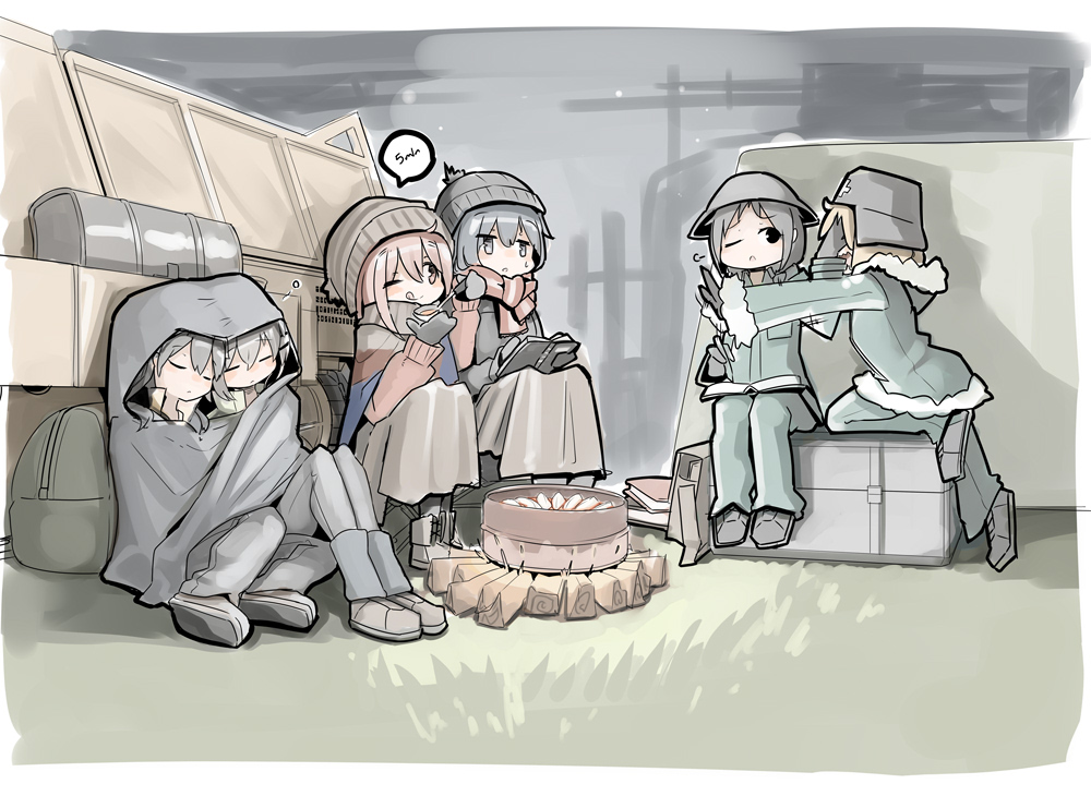 6+girls, :d, beanie, book, campfire, camping, chito_(shoujo_shuumatsu_ryokou), eating, firewood, genek, hat, helmet, kagamihara_nadeshiko, kettenkrad, kuraue_hinata, military, military_uniform, multiple_girls, muted_color, open_mouth, outdoors, pushing_away, pushing_face, scarf, shima_rin, shoujo_shuumatsu_ryokou, sleeping, sleeping_on_person, sleeping_upright, smile, uniform, yama_no_susume, yukimura_aoi, yurucamp, yuuri_(shoujo_shuumatsu_ryokou)