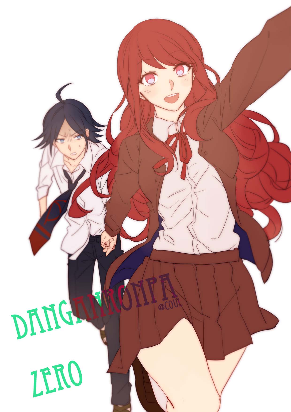 1boy, 1girl, :d, ahoge, aokiku, arm_up, artist_name, black_hair