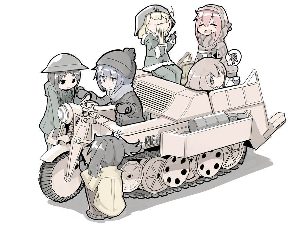 6+girls, beanie, black_hair, blonde_hair, blue_hair, brodie_helmet, brown_hair, chito_(shoujo_shuumatsu_ryokou)