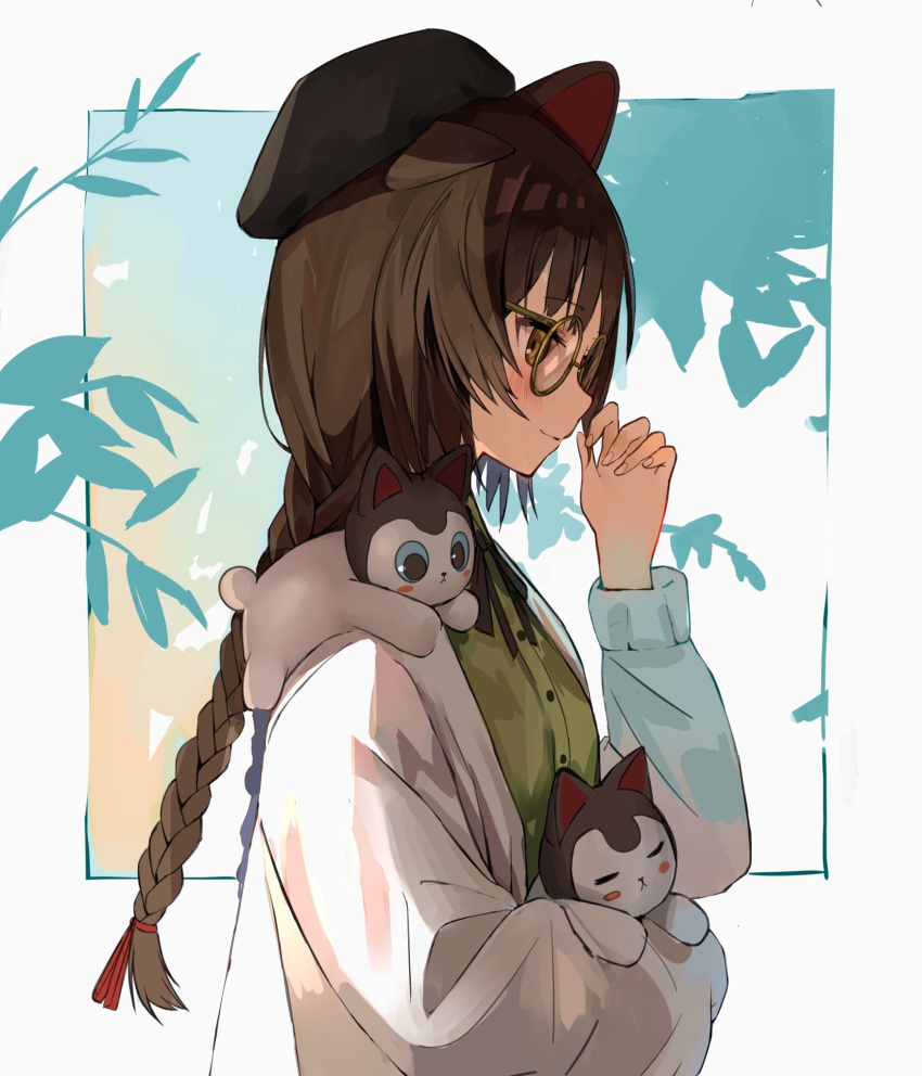 1girl, animal, animal_ears, animal_on_shoulder, beret, black_headwear, black_neckwear, blush