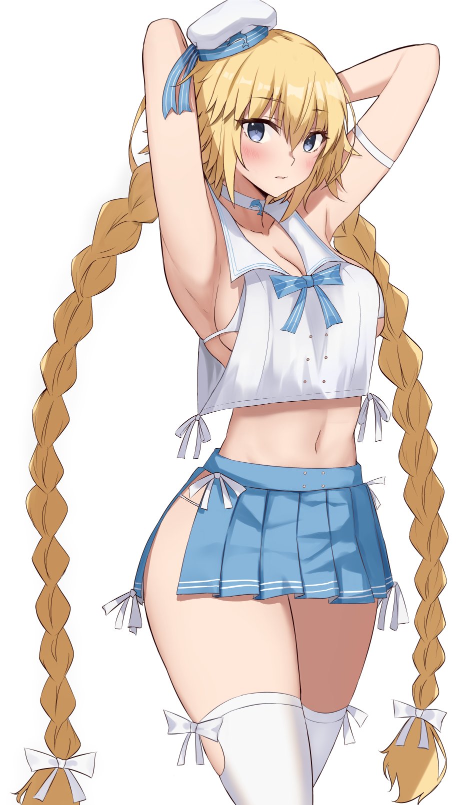 1girl, akatsuki_ikki, armpits, arms_behind_head, arms_up, bangs, bare_shoulders, blonde_hair