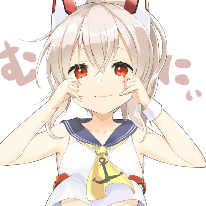 1girl, ayanami_(azur_lane), azur_lane, blue_sailor_collar, cheek_pinching, collarbone, crop_top, hair_between_eyes