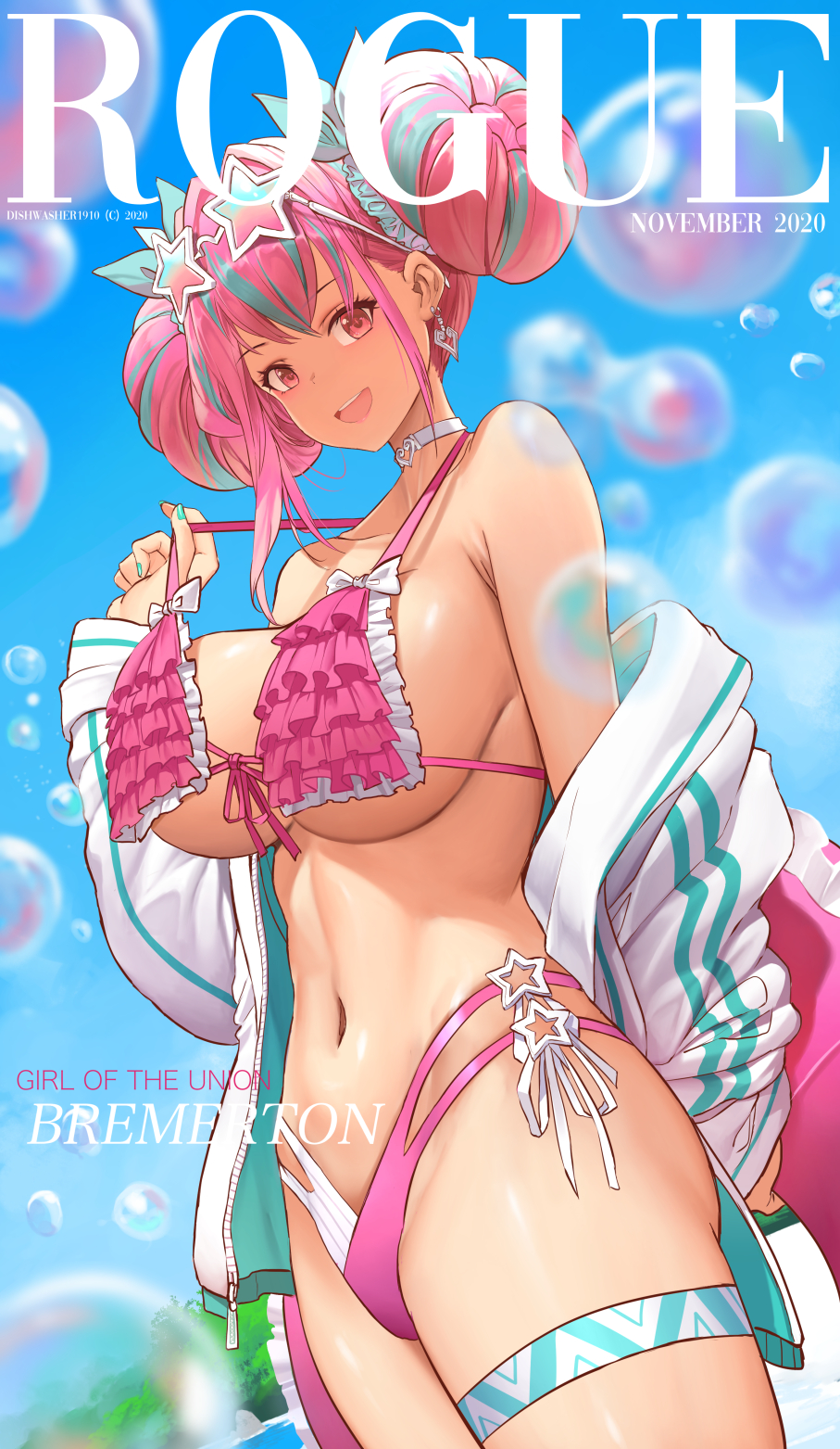 1girl, :d, azur_lane, bangs, bare_shoulders, bikini, blue_hair, blue_nails