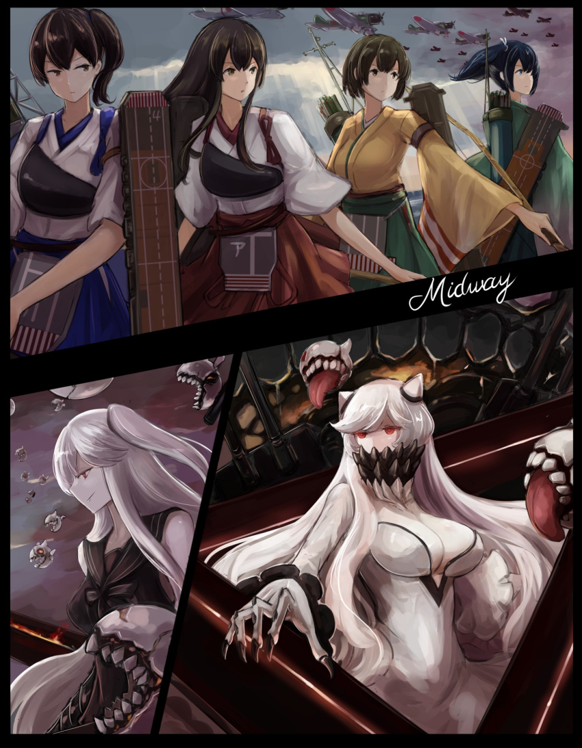 6+girls, abyssal_ship, aircraft, aircraft_carrier_princess, airplane, akagi_(kantai_collection), apron, arrow_(projectile), battle_of_midway, blue_hair, bow_(weapon), breasts, brown_eyes, brown_hair, d3a, enemy_aircraft_(kantai_collection), flight_deck, green_hakama, hair_ribbon, hakama, hakama_skirt, highres, hiryuu_(kantai_collection), holding, holding_bow_(weapon), holding_weapon, horns, japanese_clothes, kaga_(kantai_collection), kantai_collection, large_breasts, long_hair, midway_princess, mizuchi_(mizuchi7118), multiple_girls, muneate, one_side_up, pale_skin, pleated_skirt, quiver, red_eyes, red_hakama, ribbon, short_hair, side_ponytail, skirt, souryuu_(kantai_collection), tasuki, twintails, very_long_hair, weapon, white_hair, white_ribbon, white_skin, wide_sleeves