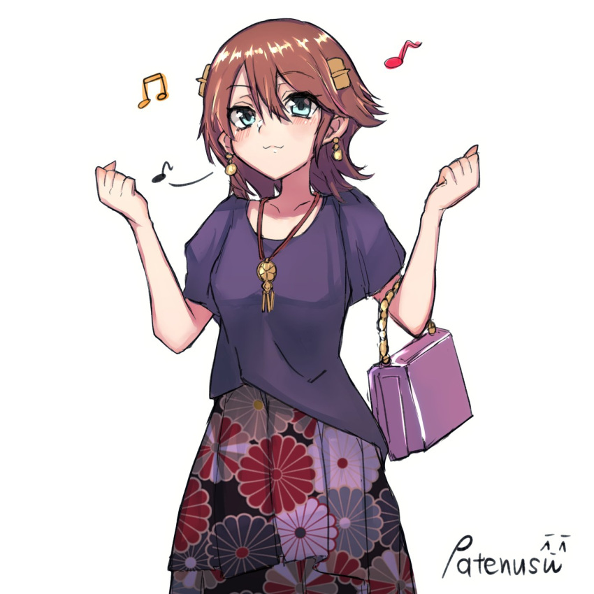 1girl, :3, alternate_costume, bag, beamed_eighth_notes, blouse, brown_hair, commentary_request