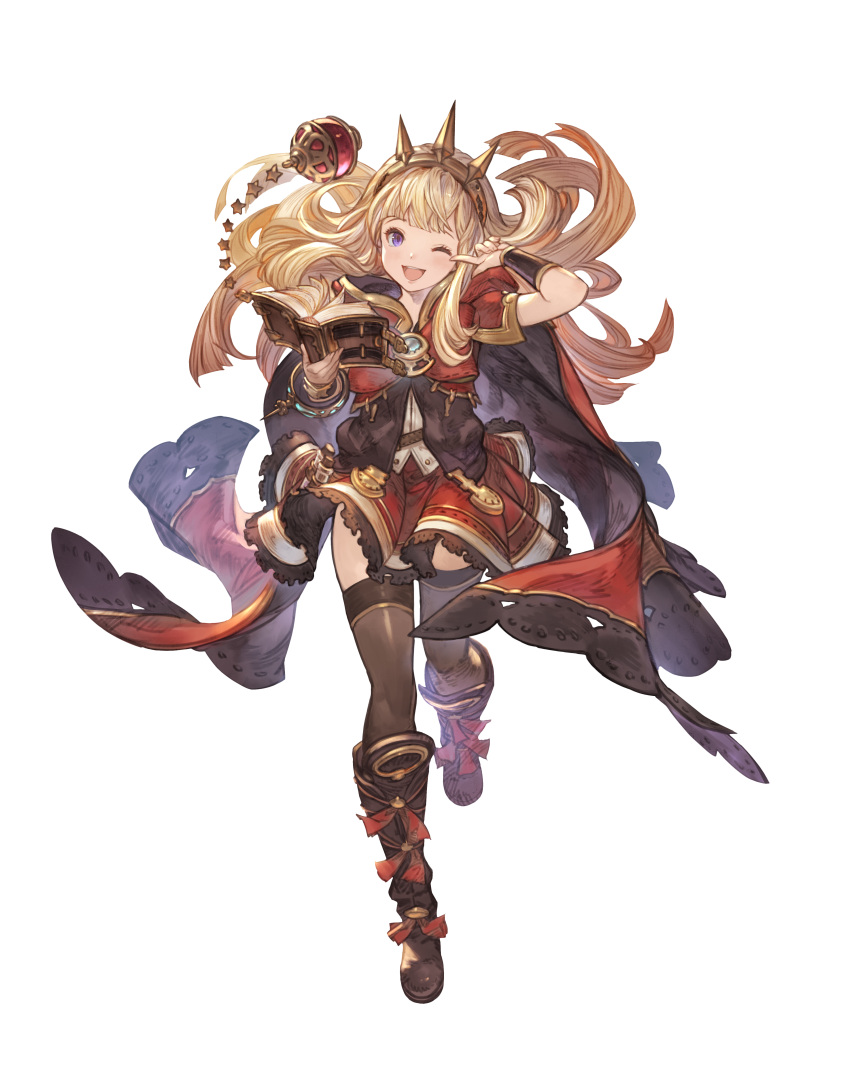 1girl, absurdres, blonde_hair, book, boots, bracer, cagliostro_(granblue_fantasy), cape