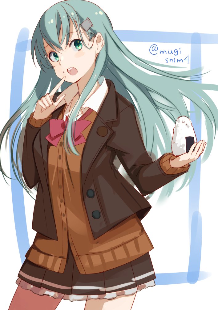 1girl, :o, aqua_hair, brown_cardigan, brown_jacket, brown_skirt, cardigan, cowboy_shot