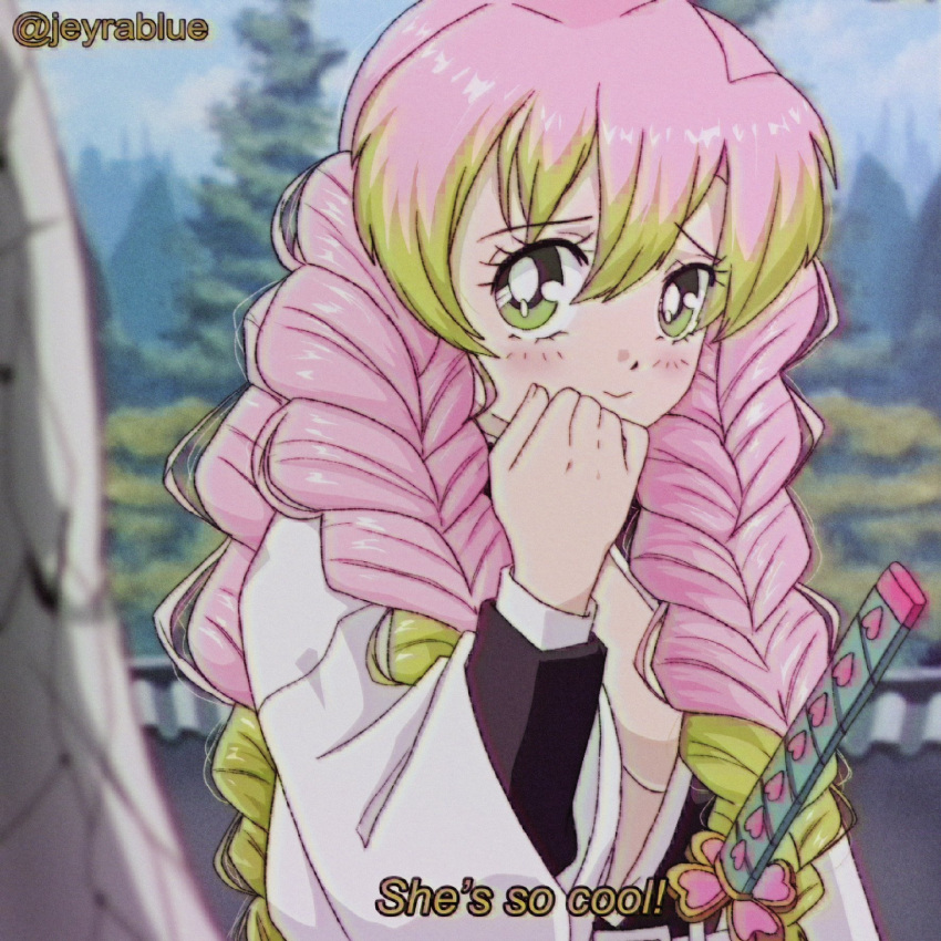 1990s_(style), 1girl, bangs, blush, braid, breasts, closed_mouth, derivative_work