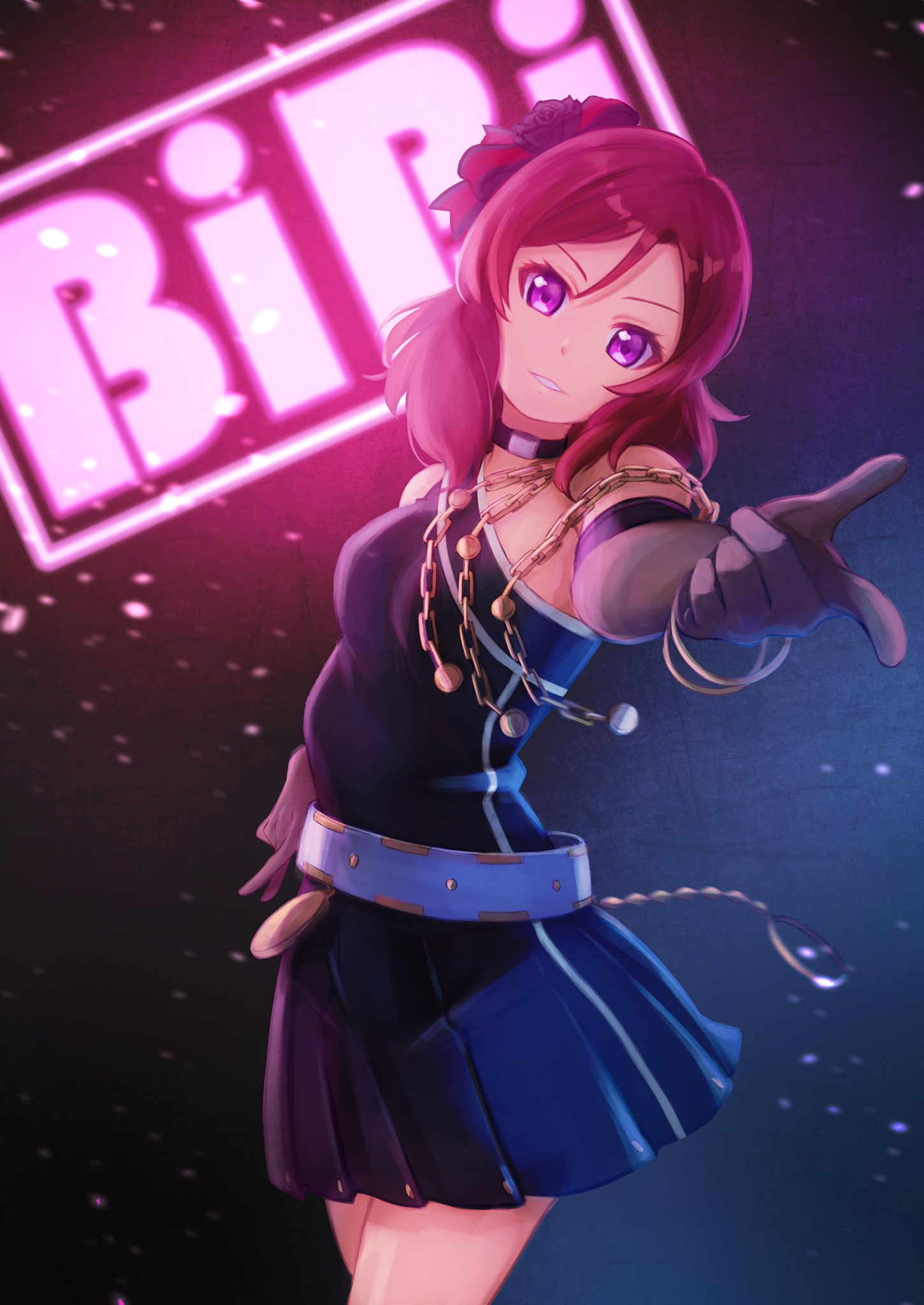 1girl, asymmetrical_clothes, bangs, belt, bibi_(love_live!), black_flower, black_gloves, black_rose