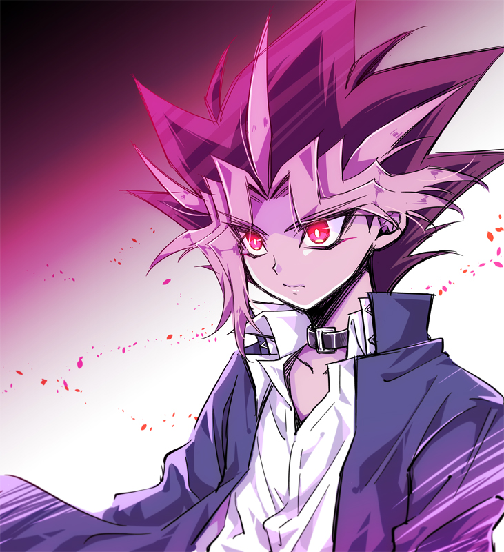 1boy, black_hair, blonde_hair, blue_jacket, closed_mouth, collar, collarbone, collared_shirt