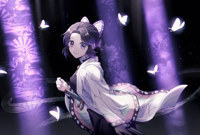 1girl, black_background, black_hair, black_jacket, bug, butterfly, butterfly_hair_ornament, closed_mouth