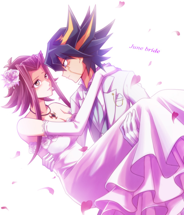 1boy, 1girl, arm_around_neck, black_hair, blonde_hair, brown_eyes, carrying, closed_mouth, collarbone, collared_shirt, couple, dress, elbow_gloves, eye_contact, facial_mark, flower, gloves, hair_flower, hair_intakes, hair_ornament, hetero, izayoi_aki, jacket, jewelry, layered_dress, long_dress, long_hair, long_sleeves, looking_at_another, multicolored_hair, necklace, open_clothes, open_jacket, petals, pink_flower, pink_rose, princess_carry, redhead, rose, shiny, shiny_hair, shirt, short_hair_with_long_locks, sidelocks, sleeveless, sleeveless_dress, smile, spiky_hair, strapless, strapless_dress, two-tone_hair, wedding_dress, white_dress, white_gloves, white_jacket, white_shirt, wing_collar, yu-gi-oh!, yu-gi-oh!_5d's, yun_yu