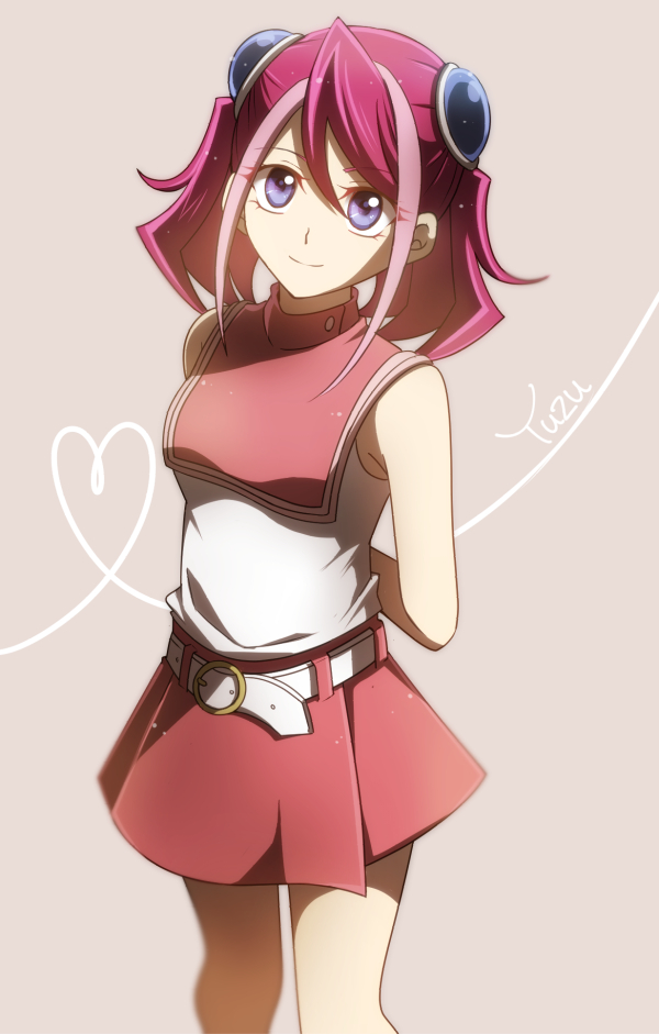 1girl, arms_behind_back, bangs, belt, blue_eyes, bun_cover, closed_mouth, grey_background