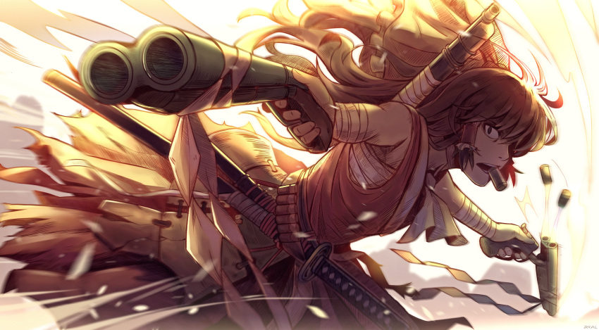 1girl, absurdres, alternate_weapon, armpit_peek, arms_at_sides, bandaged_arm, bandages, bangs