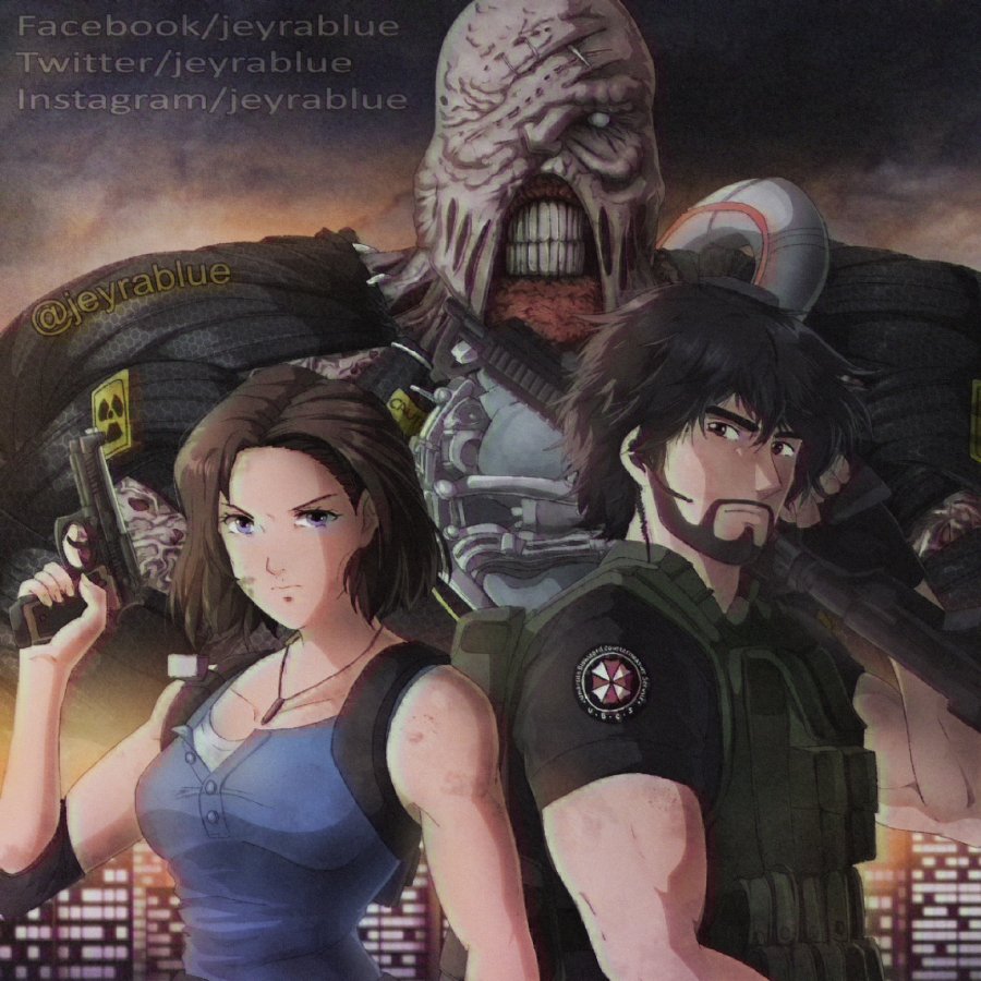 1990s_(style), 1girl, 2boys, armband, assault_rifle, bangs, bare_shoulders, beard