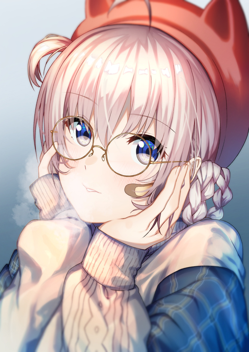 1girl, ahoge, animal_ears, aogiri_koukou_game_club, bandaid, bandaid_on_face, blue_background, blue_eyes