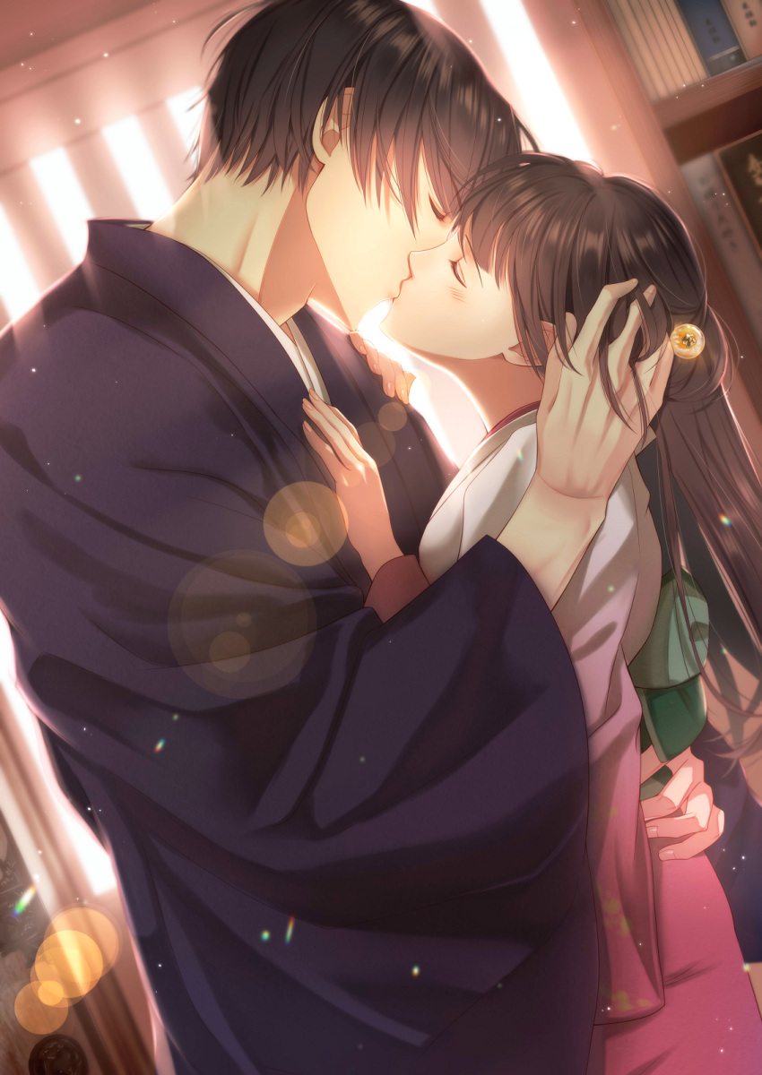 1boy, 1girl, black_hair, black_kimono, bookshelf, closed_eyes, couple, cover