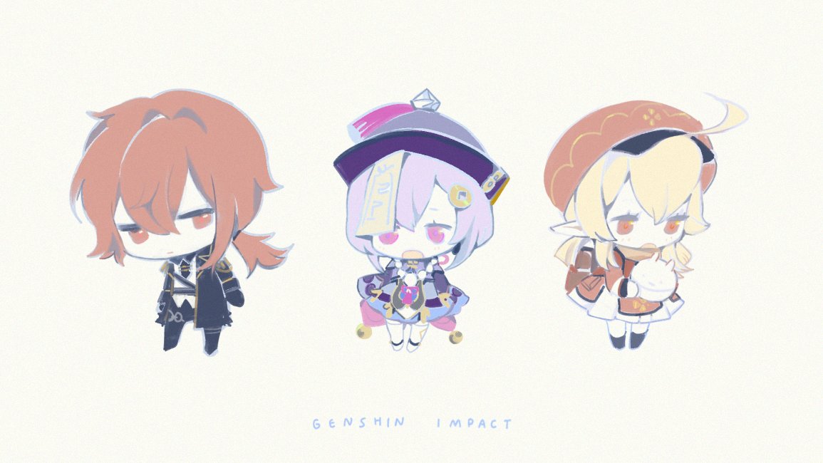 1boy, 2girls, ahoge, backpack, bag, bangs, bead_necklace, beads, black_jacket, blonde_hair, chibi, closed_mouth, copyright_name, diluc_(genshin_impact), genshin_impact, gloves, hair_ornament, hat, holding, jacket, jewelry, klee_(genshin_impact), long_hair, long_sleeves, multiple_girls, necklace, ngop, ofuda, open_mouth, pointy_ears, ponytail, purple_hair, qing_guanmao, qiqi, red_eyes, red_headwear, redhead, simple_background, tassel, twintails, violet_eyes