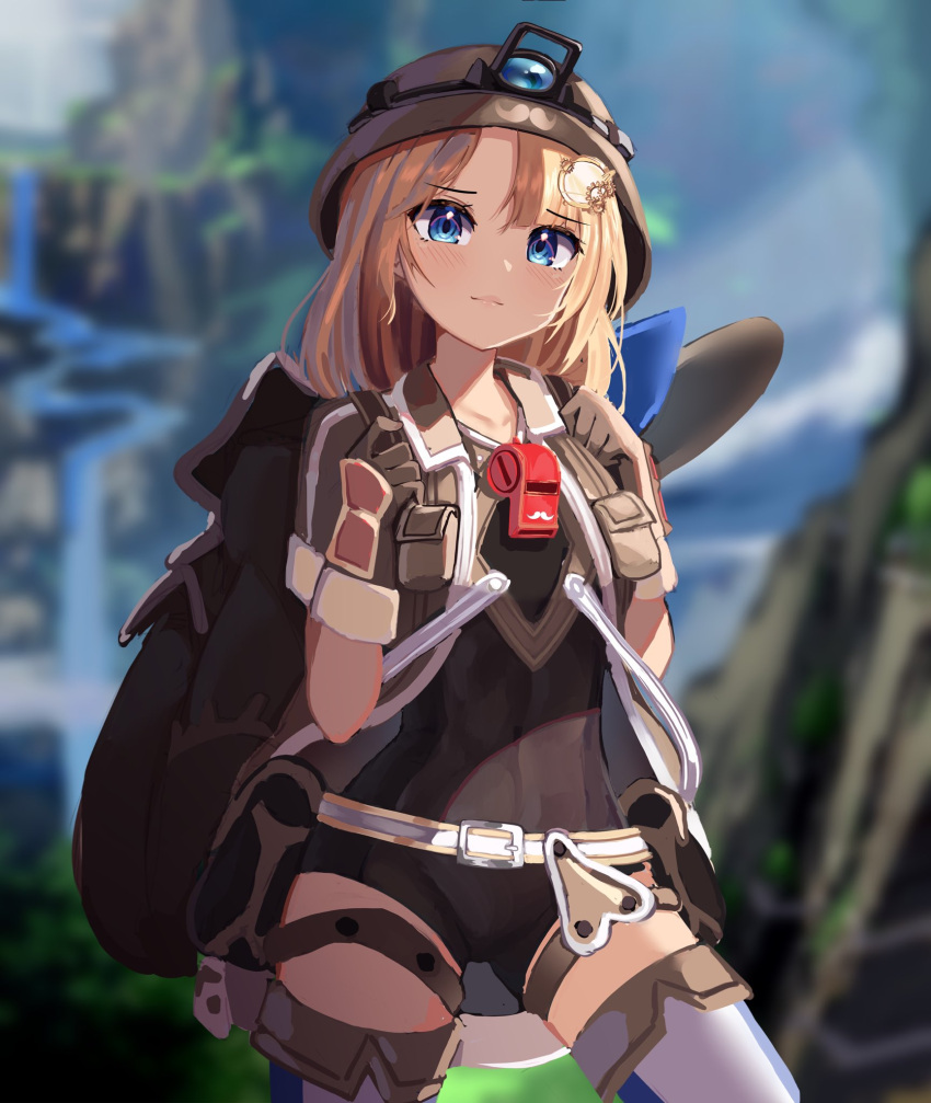 1girl, backpack, bag, belt, belt_pouch, blonde_hair, blue_eyes, blurry