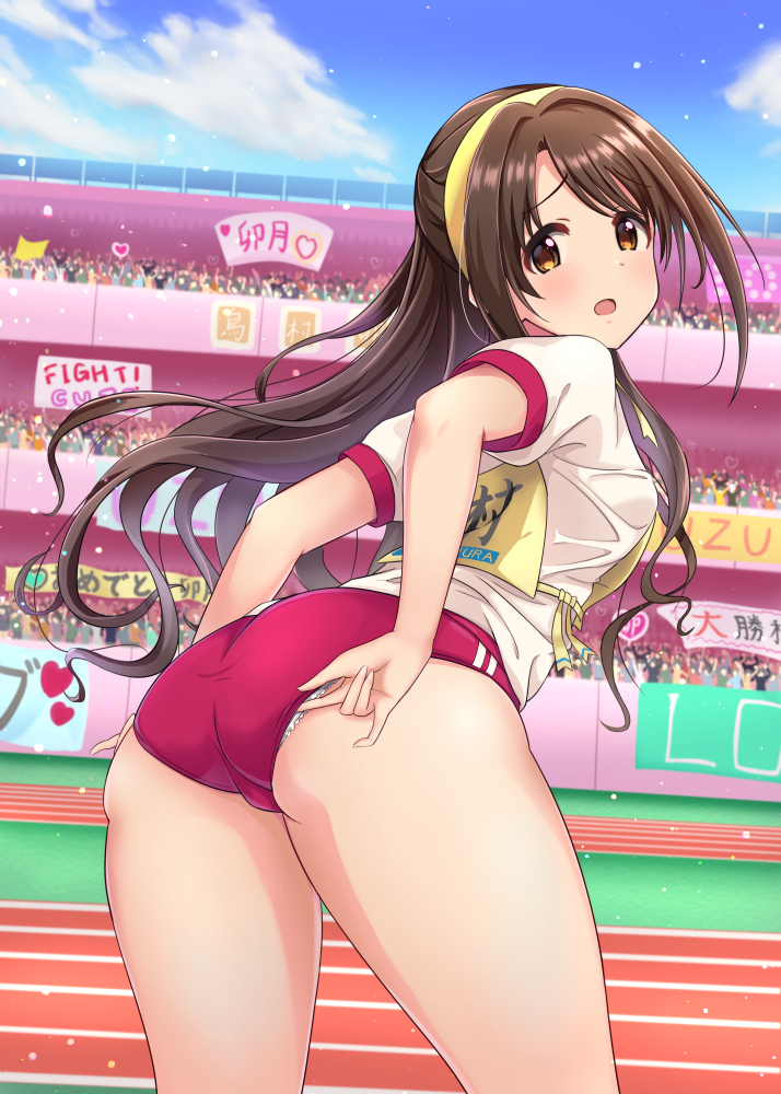 adjusting_buruma, adjusting_clothes, artist_request, brown_hair, buruma, gym_uniform, idolmaster, idolmaster_cinderella_girls