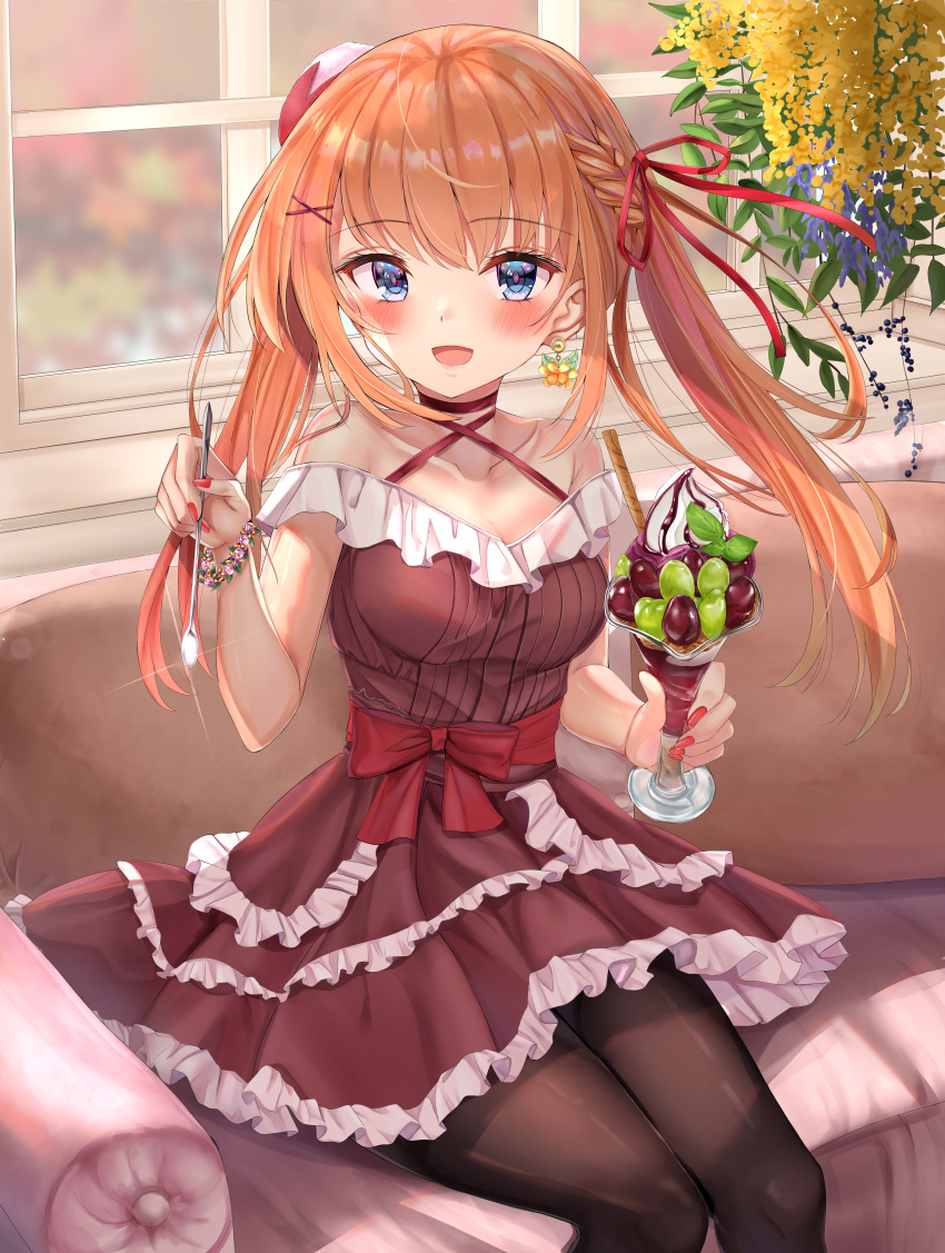 1girl, :d, absurdres, bangs, bare_shoulders, black_legwear, blue_eyes, blue_flower