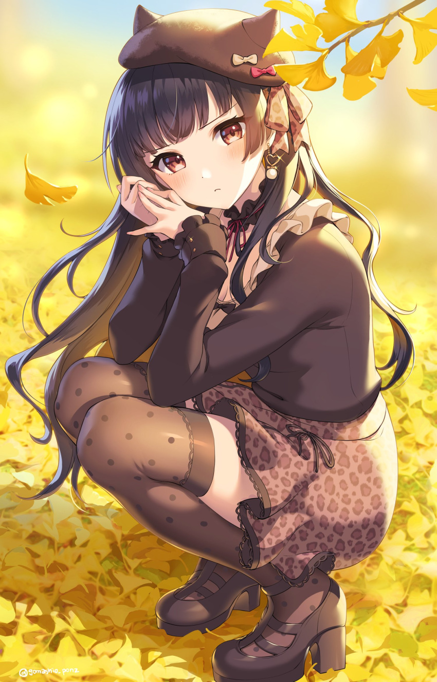 1girl, autumn, bangs, beret, black_hair, black_headwear, black_shirt, blush