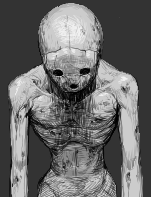 1boy, bald, collarbone, crack, cracked_mask, grey_background, greyscale, hakai_shin, hatching_(texture), horror_(theme), looking_down, male_focus, mask, monochrome, navel, nude, redead, simple_background, solo, the_legend_of_zelda, the_legend_of_zelda:_ocarina_of_time