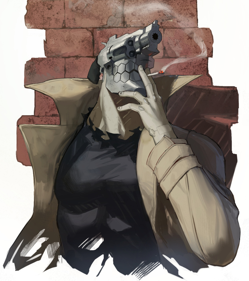 1boy, black_shirt, brick_wall, brown_coat, cigarette, coat, cyborg, gloves
