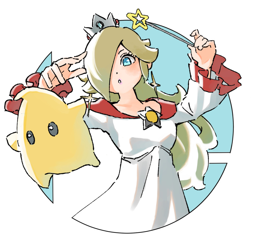 1girl, black_eyes, blonde_hair, blue_eyes, crown, dot_nose, dress, earrings, floating, hair_over_one_eye, highres, holding, holding_wand, jewelry, long_hair, luma_(mario), nishikuromori, parted_lips, pink_lips, princess, rosalina, simple_background, star_(symbol), star_earrings, super_smash_bros., wand, white_background, white_dress