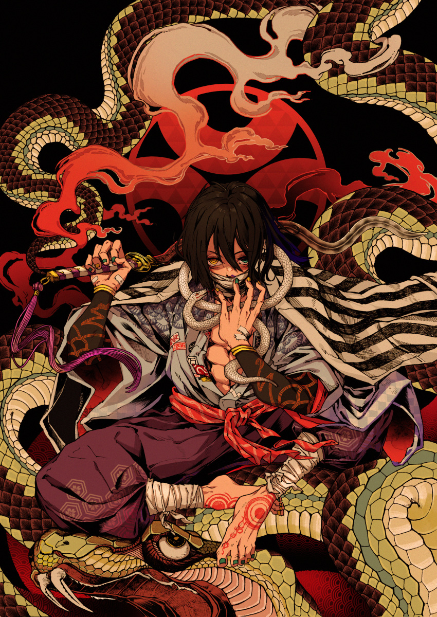 1boy, absurdres, animal, ankle_wrap, bags_under_eyes, bandages, bangs, barefoot