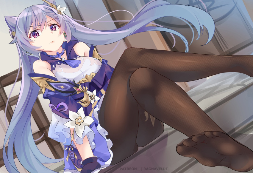 1girl, bare_shoulders, black_legwear, crossed_legs, detached_sleeves, double_bun, dress, feet, flower, frilled_dress, frilled_skirt, frilled_sleeves, frills, full_body, genshin_impact, hair_ornament, keqing_(genshin_impact), legs, looking_at_viewer, pantyhose, patreon_username, purple_hair, ragnaveldt, sitting, skirt, solo, stairs, twintails, violet_eyes