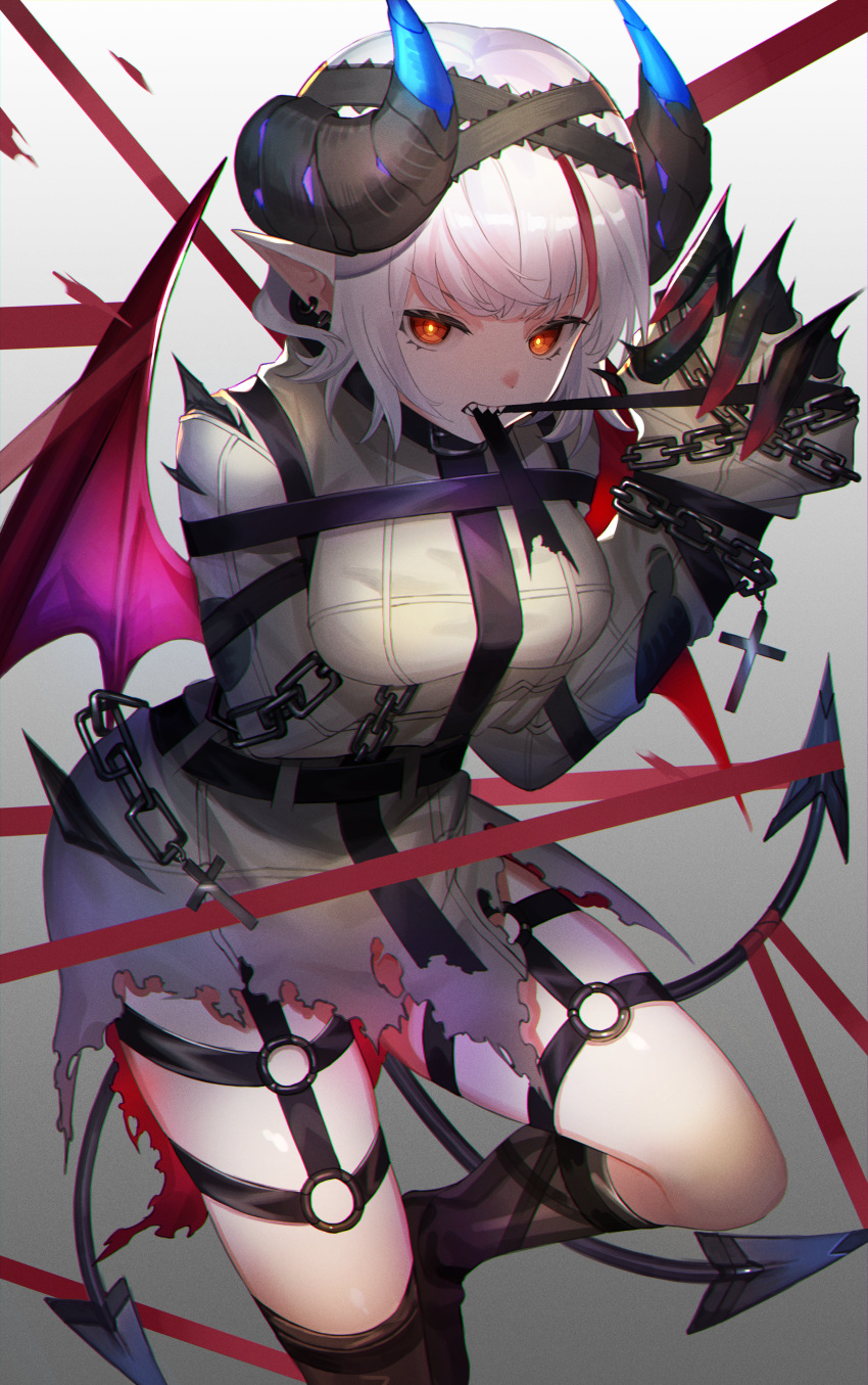 1girl, absurdres, amahara_subaru, bandaged_horns, bandages, biting, chain, claws
