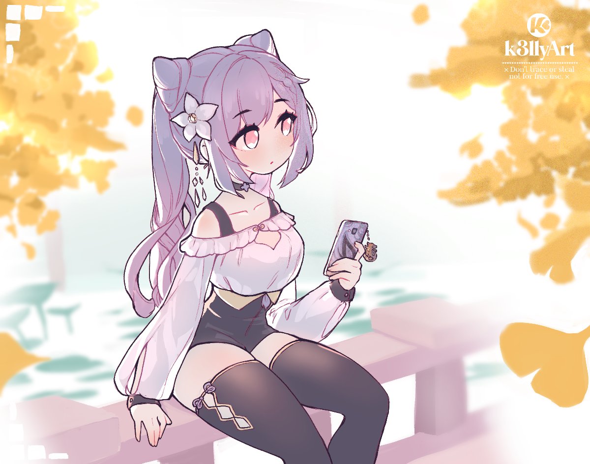 1girl, alternate_costume, angelica_(k3lly), bare_shoulders, black_legwear, blush, casual, cellphone, choker, double_bun, flower, genshin_impact, hair_flower, hair_ornament, keqing_(genshin_impact), long_sleeves, phone, purple_hair, sitting, solo, thigh-highs, twintails, violet_eyes