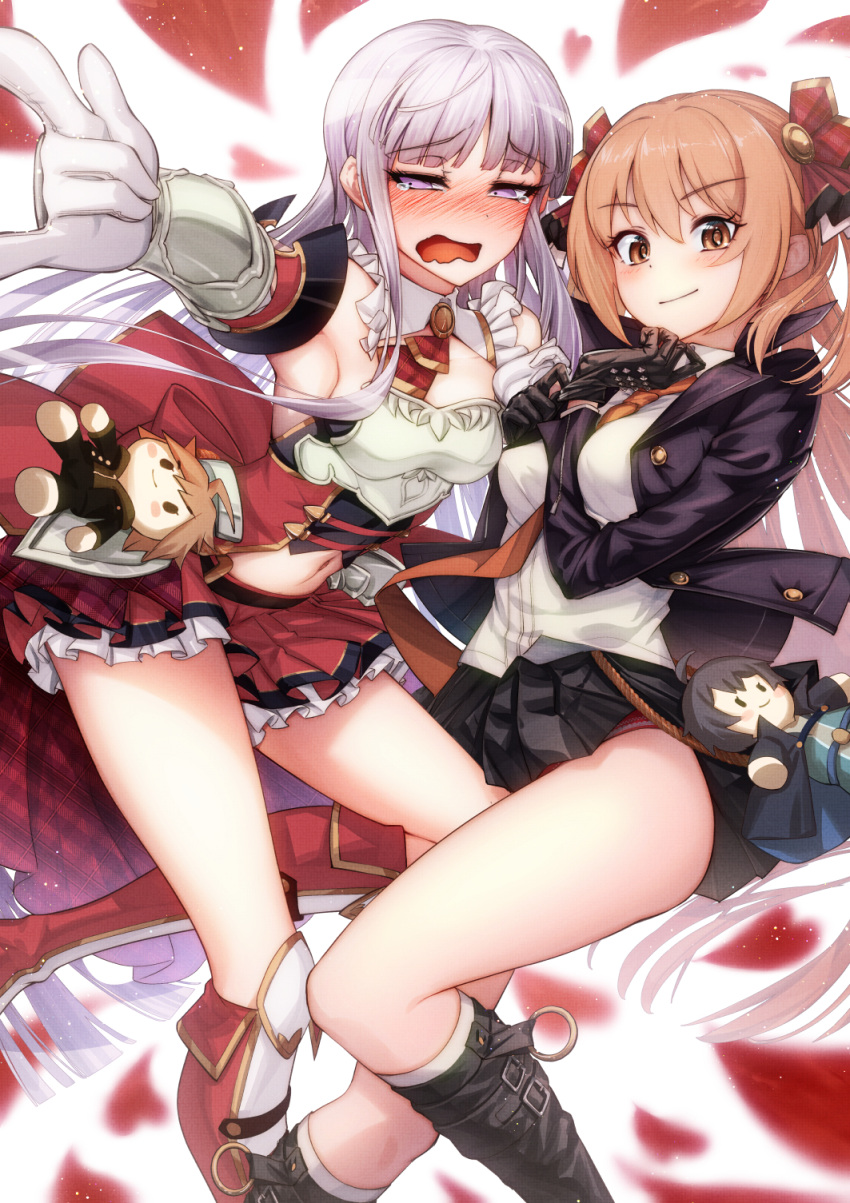 2girls, \m/, adjusting_clothes, adjusting_gloves, alternate_costume, arm_up, armpits, ascot