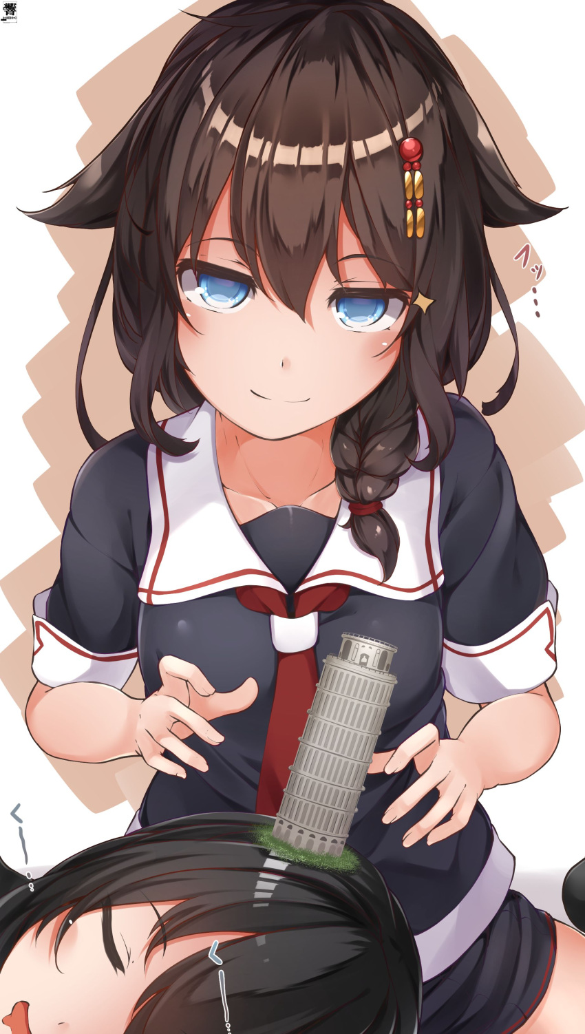 2girls, absurdres, ahoge, artist_logo, black_hair, black_serafuku, black_skirt, blue_eyes