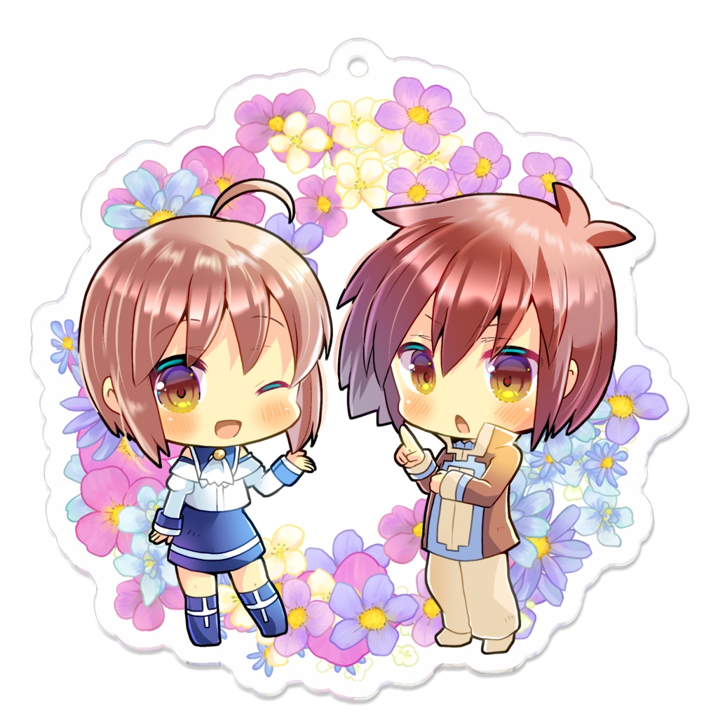 1boy, 1girl, ;d, ahoge, bangs, blue_flower, blue_footwear, blue_skirt, blush, boots, brown_eyes, brown_hair, brown_jacket, chibi, commentary_request, eyebrows_visible_through_hair, floral_background, flower, hair_between_eyes, hashimoto_natsumi, index_finger_raised, jacket, knee_boots, kouu_hiyoyo, long_sleeves, looking_at_viewer, off-shoulder_shirt, off_shoulder, one_eye_closed, open_mouth, pants, purple_flower, shirt, shoes, simple_background, skirt, smile, sol_servolt, standing, summon_night, white_background, white_flower, white_footwear, white_pants, white_shirt