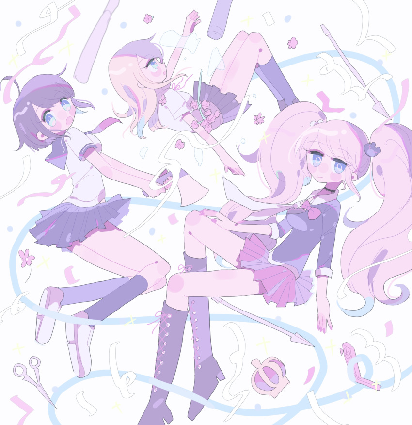 3girls, ahoge, bear_hair_ornament, black_legwear, blonde_hair, blue_eyes, blush_stickers, boots