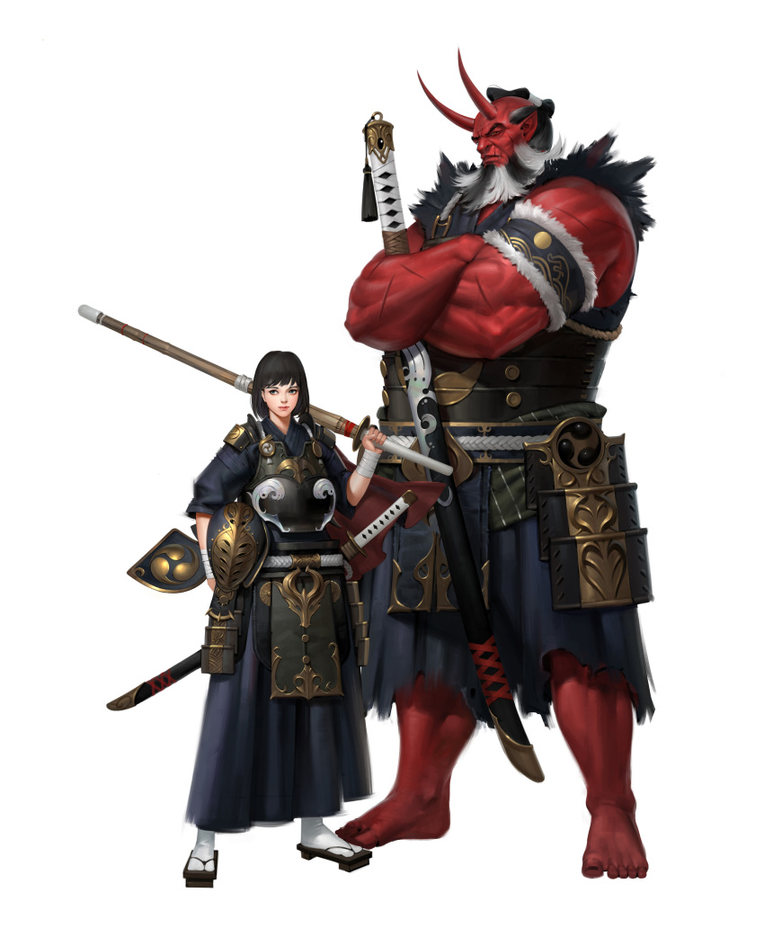 1boy, 1girl, absurdres, armor, armored_dress, black_gloves, black_hair, black_hairband