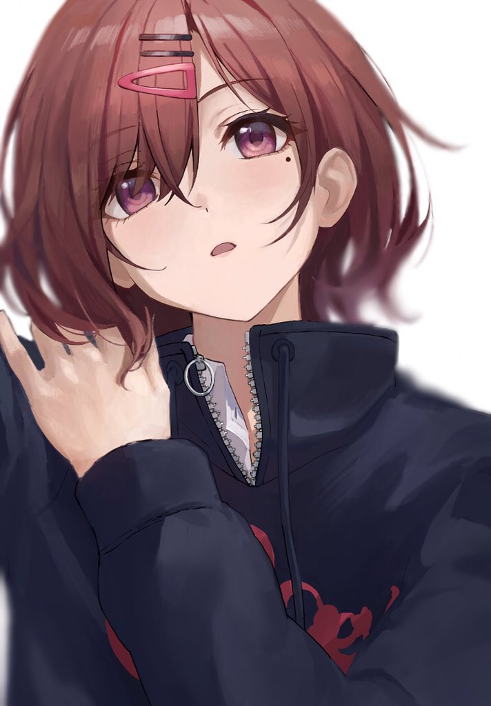 1girl, bangs, black_jacket, blush, brown_hair, commentary_request, drawstring, eyebrows_visible_through_hair