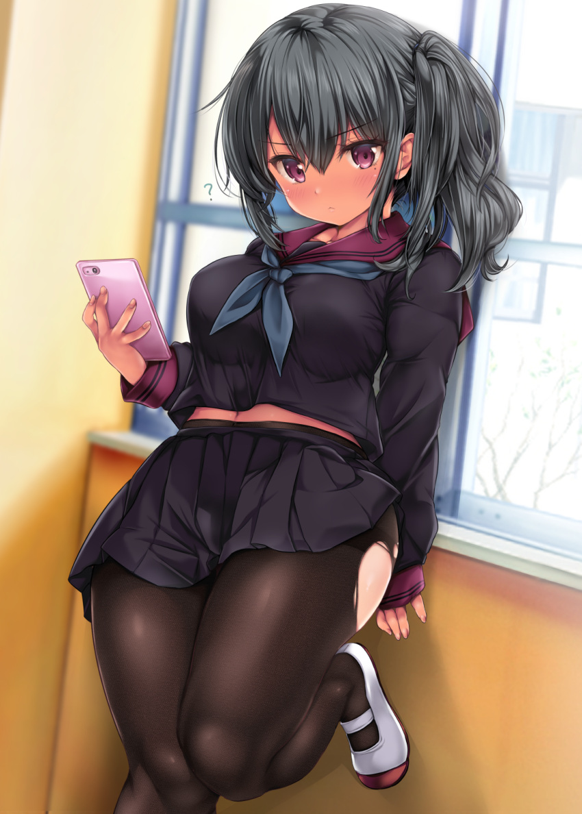 1girl, ?, against_wall, black_legwear, black_serafuku, black_skirt, breasts, cellphone, closed_mouth, commentary_request, eyebrows_visible_through_hair, hair_between_eyes, highres, holding, holding_phone, large_breasts, long_sleeves, looking_at_viewer, midirff, navel, nijimoto_hirok, original, pantyhose, phone, pink_eyes, school_uniform, serafuku, shoes, short_hair, side_ponytail, skirt, solo, standing, standing_on_one_leg, thighs, white_footwear, window